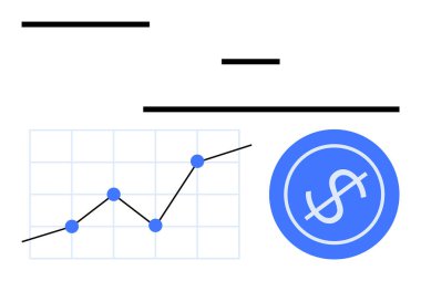 Mavi dolar simgesinin yanında yükselen veri göstergeleriyle çizgi grafiği. Ticari büyüme, finans, yatırım, istatistik, ekonomik ilerleme, analitik, soyut çizgi düz metafor için ideal