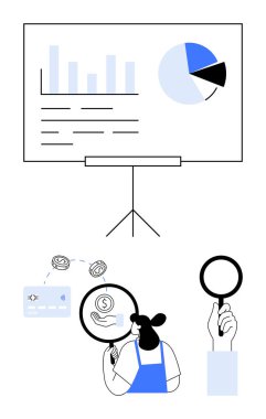 İş kadını, mali verileri incelemek için bir büyüteç kullanıyor ve ekranda tablolar ve grafikler gösteriliyor. Finans, analitik, soruşturma, araştırma, iş, sunumlar için ideal