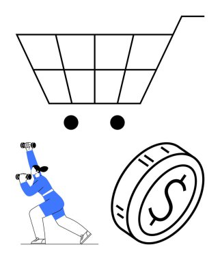 Alışveriş arabası, ağırlık kaldıran kişi ve para madeni para e-ticarette, stratejik planlamada ve finansal büyümede gücü yansıtır. Ticari yenilik, fitness markalaşması ve ekonomik istikrar için ideal