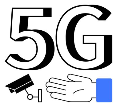 Büyük bir 5G mesajı, güvenlik kamerası ve mavi manşetli bir el. Teknoloji için ideal, 5G, iletişim, gözetim, güvenlik yenilik bağlantısı. Satır metaforu