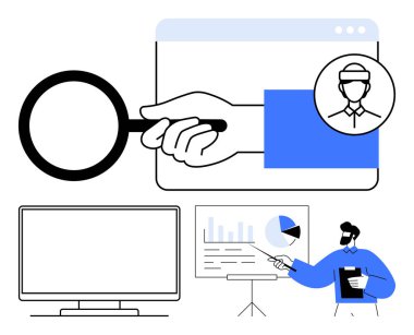 İş analisti, elinde bir pano olan bir sunum panosundaki çizelgelere işaret ediyor. Bir büyüteç, tarayıcı profili ve bilgisayar monitörü içerir. Sunumlar ve eğitim için ideal