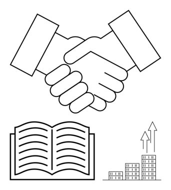 Handshake above an open book and bar chart with upward arrows. Ideal for collaboration, knowledge sharing, business progress, education, partnerships, professional relationships, abstract line flat clipart