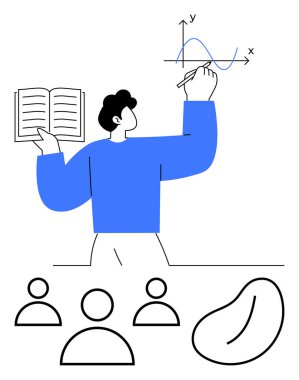 Elinde kitap tutan kişi, koordinat eksenlerini çizerken, izleyicilere hitap ederken. Eğitim, öğrenim, eğitim, seminerler, bilgi paylaşımı, sunumlar, soyut çizgi
