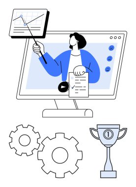 Bilgisayar monitöründeki verileri grafik, işaretlenmiş grafikler, vitesler ve birincilik kupası ile sunuyoruz. Sunumlar için ideal, profesyonel gelişim, kurumsal başarı, veri