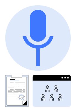 Mavi mikrofon simgesi, imzalı belge ve grup video arayüzü ses kaydını, anlaşmaları, takım çalışmasını sembolize ediyor. Podcastler, hukuki işler, sanal toplantılar, uzaktan eğitim için ideal