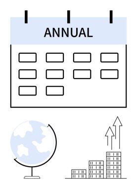 Yıllık takvim, dünya ve yukarı doğru ok çizelgesi. Planlama, iş stratejisi, küresel büyüme, ekonomi, zaman çizgileri, gelecekteki hedefler için ideal düz metafor