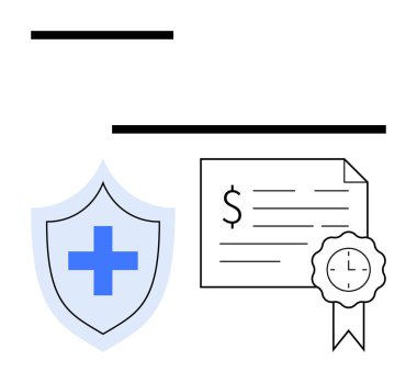 Üzerinde dolar sembolü, metin satırları ve saat mührü olan bir sertifikanın yanında mavi haç olan bir kalkan. Sağlık politikası, sigorta sigortası, sağlık sigortası, sağlık planları, koruma ve uyum için ideal