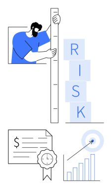 Riski cetvelle ölçen kişi, mühürlü mali sertifika, hedef ve yukarı doğru grafik. Risk yönetimi, mali analiz, hedef belirleme, sertifika, büyüme planlama, iş