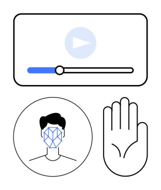 Oyun ilerleme çubuğuyla video arayüzü, bir kullanıcının yüz tanıma taraması ve el hareketini durdur. Teknoloji, biyometri, medya kontrolü, güvenlik, kimlik, yapay zeka soyut çizgisi düz metaforu için ideal