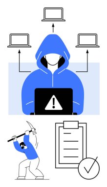 Uyarı dizüstü bilgisayar ikonlu mavi kapüşonlu bilgisayar korsanı, ağ dizüstü bilgisayarları, madencilik sembolü, keneli kontrol listesi. Çevrimiçi güvenlik, hackleme, veri ihlali, kötü amaçlı yazılım, dijital etik kripto madenciliği için ideal