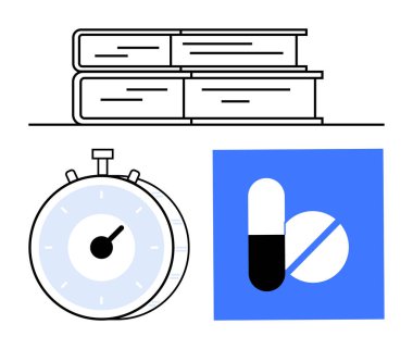 Kitap yığınları öğrenmeyi ön plana çıkarır, kronometre zaman yönetimini sembolize eder ve haplar sağlık odaklarını yansıtır. Eğitim, zaman takibi, sağlık hizmetleri, verimlilik ya da sağlık kavramları için idealdir. Soyut