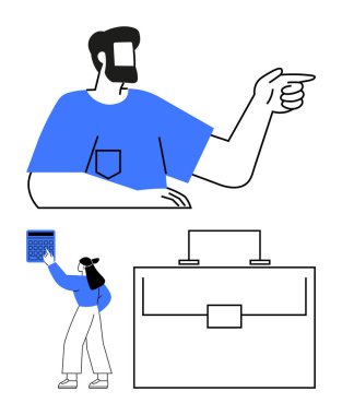 Fikirlere dikkat çeken bir adam, hesap makinesi kullanan bir kadın, takım çalışması, planlama, finans ve karar verme mekanizmasını vurgulayan büyük bir evrak çantası. İş için ideal, işbirliği, muhasebe büyüme eğitimi