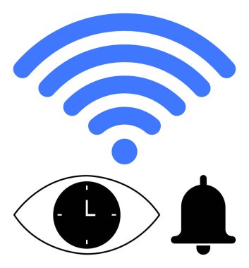 Üzerinde saat ve siyah çan sembolü olan bir göz üzerinde mavi kablosuz sinyal. Bağlantı kavramları, bildirimler, zaman izleme, uyarılar, iletişim, teknoloji, soyut çizgi düz metaforu için idealdir