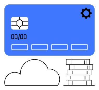 Mavi kredi kartı, çip, yanında bulut depolama ikonu ve bir yığın bozuk para. Finansal hizmetler, çevrimiçi bankacılık, e-ticaret, dijital işlemler, bulut hesaplama, fintech tasarrufu için ideal