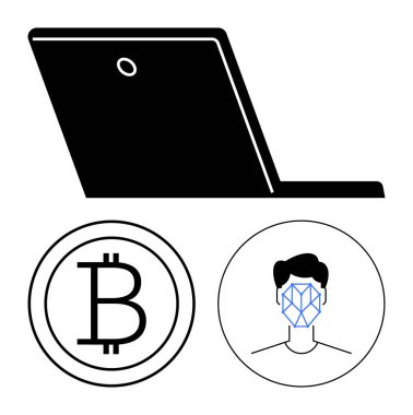 Laptop silueti, Bitcoin simgesi ve yüz tanıma sembolü. Engelleme zinciri, kripto para birimi, fintech, güvenlik, dijital kimlik, ödeme sistemleri soyut çizgi düz metaforu için ideal