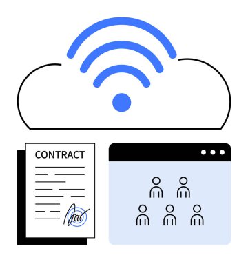 Kablosuz ikonlu bulut, kontrat imzalı belge ve ekip paneli. İş için ideal, bulut hizmetleri, dijital anlaşmalar, uzak takım çalışması, çevrimiçi işbirliği, soyut bağlantı