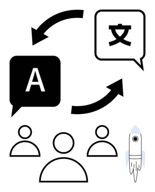 Speech bubbles with A and character, arrows signifying translation, user icons, rocket launching. Ideal for global communication, translation tech, teamwork, language learning, AI tools clipart