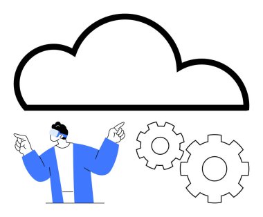 Bulut ve vitesler arayüzle etkileşime geçiyor. Bulut hesaplama, takım çalışması, yenilik, teknoloji, programlama, veri depolama, gelecekteki kavramlar için idealdir. Satır metaforu