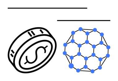 Mavi noktalar ve çizgilerden oluşan geometrik bir yapının yanında dolar işareti olan bozuk para. Finans, engelleme zinciri, kripto para birimi, teknoloji, yatırım, dijital ekonomi, veri güvenliği için ideal. Çizgi
