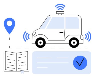 Kablosuz sinyalleri, GPS konum kodu, kitap ve kontrol listesi simgesi olan kendi kendine çalışan bir araba. Fütüristik teknoloji, ulaşım, navigasyon, akıllı şehirler, güvenli otomasyon kavramları için idealdir. Çizgi