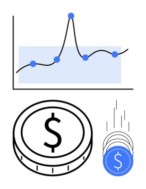 Verileri yukarı doğru giden çizgi grafiği, büyük para ikonu, küçük bozuk paralar. Finans, yatırım, ekonomi, piyasa eğilimleri, büyüme iş başarısı ve ticaret için ideal. Çizgi