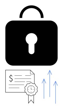 Güvenliği simgeleyen büyük asma kilit, sertifika mührü ile finansal belge, büyüme ve başarıyı gösteren yukarı bakan oklar. Güvenlik, finans, sertifika, büyüme ve başarı için ideal