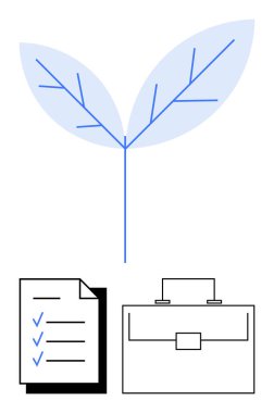 Leaf symbolizes growth, aligned with checklist and briefcase for planning, productivity, and corporate sustainability. Ideal for business planning, eco projects, organization, workflow, progress clipart