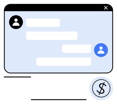 Bir dolar işareti simgesi eşliğinde kullanıcı avatarları ve mesaj baloncuklarıyla sohbet penceresi. Dijital ödemeler, müşteri desteği, bankacılık, e-ticaret, finans hizmetleri, iletişim uygulamaları için ideal