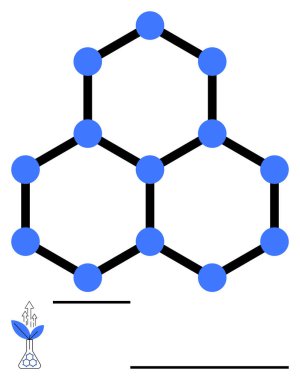 Mavi düğümlü altıgen moleküler yapı, siyah çizgiler ve büyüme ikonu. Kimya, nanoteknoloji, yenilik, moleküler araştırma, sürdürülebilirlik, eğitim ve soyut düz metafor için ideal