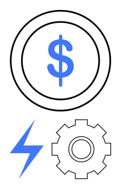 Dişli ve yıldırımlı bir dairenin üstünde dolar simgesi. Finans, enerji, teknoloji, enerji üretimi, iş stratejisi, maliyet verimliliği, yenilik için ideal. Soyut çizgi düz metafor