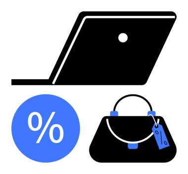 Laptop silueti, mavi indirim sembolü ve etiketli el çantası. Çevrimiçi anlaşmalar, dijital pazarlama, perakende satışlar, alışveriş uygulamaları tüketici davranışları için ideal. Soyut satır düzlüğü