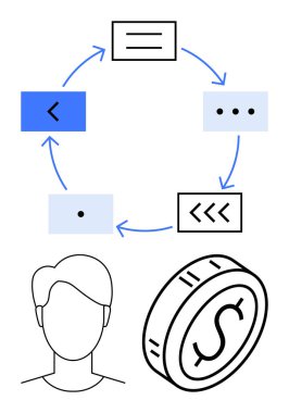 Oklarla, soyut kutularla, insan dış hatlarıyla ve madeni para simgesiyle dairesel işlem diyagramı. İş akışı modelleri, karar verme, para akışı, kullanıcı arayüzleri, takım çalışması ekonomisi için ideal soyut çizgi