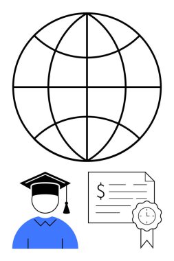 Graduate in cap and gown standing next to a certificate with world map overhead. Ideal for education, global learning, achievement, success, graduation, certification, international studies. Abstract clipart