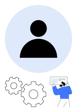 Mavi çemberde kullanıcı silueti olan profil simgesi, vites ayarları ve kişi alıkoyma sertifikası. Kullanıcı profilleri, ayarları, istihdam, dijital araçlar, teknik destek, çevrimiçi öğrenim için ideal