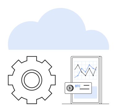 Çarklı bulut, akıllı telefon grafiği, kripto para birimi BTC kartı. Engelleme zinciri, fintech, bulut hesaplama, veri analizi, kripto para birimi, teknoloji entegrasyonu soyut çizgi düz metaforu için ideal