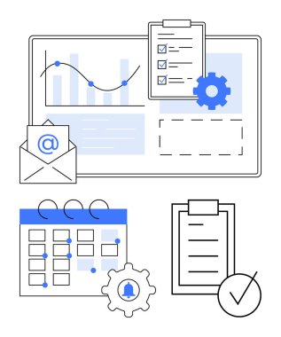 Veri tabloları, e-posta zarfı, tarihli takvim, görev listesi, dişli, grafik ve pano. İş akışı iletişim planlama verimliliği planlamak için ideal. Soyut