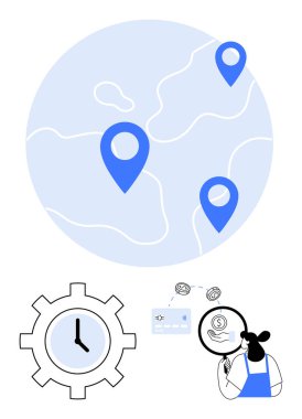 Zaman yönetimi teçhizatı olan bir küreye mavi lokasyon iğneleri, finansal verileri analiz eden bir büyüteç ve para birimi sembolleri olan bir kişi. Küresel navigasyon, finans, üretkenlik ve iş için ideal