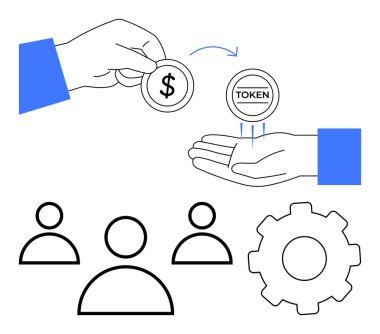 Elleri insan simgeleri ve teçhizatlarıyla bozuk para takas ediyor. Engelleme zinciri, fintech, dijital para birimi, takım çalışması, işbirliği, iş süreçleri ve yenilik kavramları için ideal. Soyut satır düzlüğü