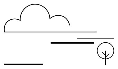 Bulut silueti, basit ağaç ve yatay çizgiler temiz bir manzara oluşturur. Doğa temaları için ideal, asgari tasarım, basitlik, dinginlik, soyut sanat, denge kavramsal metafor