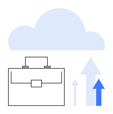 Evrak çantası, bulut simgesi ve yukarı bakan oklar iş geliştirme, bulut depolama ve büyümeyi temsil ediyor. Teknoloji, bulut hizmetleri, iş büyümesi, yenilikçi veri kariyeri soyut çizgisi için ideal