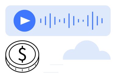 Ses dalgaları, bulut simgesi ve dolar para sembolü olan ses oynatıcısı. Akımlar, dijital erişilebilirlik, finansal sistemler, bulut teknolojisi, e-ticaret, podcast fintech soyut hat için ideal