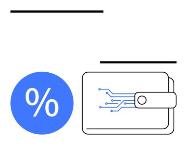 Elektronik devre çizgileri ve büyük mavi yüzde işareti olan dijital cüzdan. Finans, teknoloji entegrasyonu, dijital ödemeler, fintech, kripto para birimi, elektronik tasarruf ve çevrimiçi tasarruf için ideal