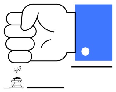 Mavi manşet içinde sıkışan el, madeni paralardan büyüyen küçük bitkiyle tezat oluşturarak yatırım, büyüme ve güçlük temalarını aktarıyor. Girişimler, sürdürülebilirlik, ekonomi, liderlik, güç dinamikleri için ideal