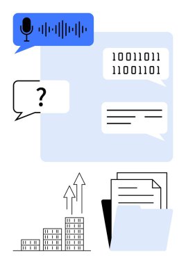 Mikrofon simgesine sahip konuşma balonu, ikili kod, sohbet arayüzü, belge klasörü ve yükselen çubuk grafikleri. Yapay zeka, veri işleme, konuşma teknolojisi, kodlama iş anlayışı öğrenme makinesi için ideal