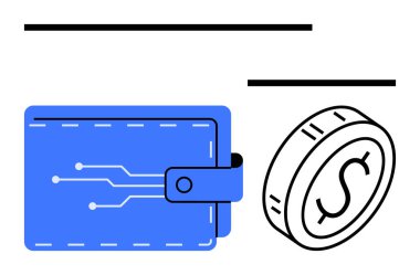 Devre çizgileri olan mavi cüzdan ve yanında dolar işareti olan bozuk para. Fintech, ödemeler, engelleme zinciri, tasarruflar, sanal para birimi, dijital bankacılık, soyut çizgi düz metaforu için ideal