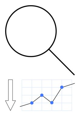 Mavi noktalı çizgi üzeri büyüteç grafiği. Ok aşağıya bakıyor. Analiz, eğilimler, büyüme, araştırma, karar verme mekanizması, finans, eğitim soyut çizgisi düz metafor için ideal