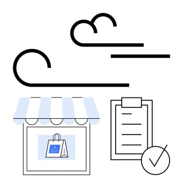 Tenteli küçük bir dükkan, dijital alışveriş çantası, kontrol listesi ve kontrol işareti, artı hızlı teslimat motifi. Ecommerce, perakende, lojistik, çevrimiçi alışveriş, sipariş izleme iş dağıtım hizmetleri için ideal