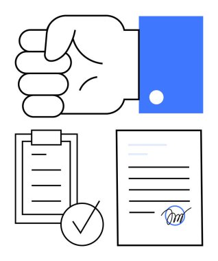 Yapılacaklar listesinin üzerinde sıkı bir el hareketi ve imzalanmış belge karar verme mekanizmasını vurguluyor. Onay süreçleri, iş anlaşmaları, sözleşmeler, onaylama, uyum, takım çalışması, soyut çizgi düz