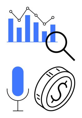 Moda çizgisi, büyüteç, mikrofon ve dolar işareti olan bozuk para grafiği. Finans, iş, pazarlama, analitik içgörü podcast arama optimizasyonu için idealdir. Soyut çizgi