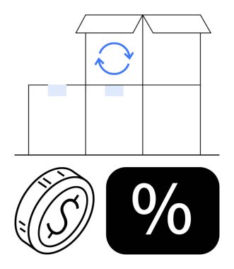 Geri dönüşüm ikonu, dolar sikkesi ve yüzde sembolüyle istiflenmiş kutular sürdürülebilirlik, fiyatlanabilirlik ve atık azaltımını gösteriyor. Finans, lojistik, nakliye, geri dönüşüm e-ticaret için ideal